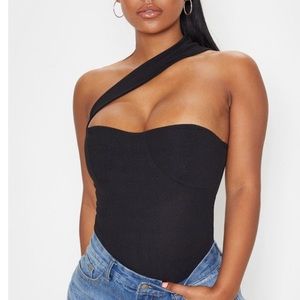 PLT Black Rib Cross Body Strap Bodysuit